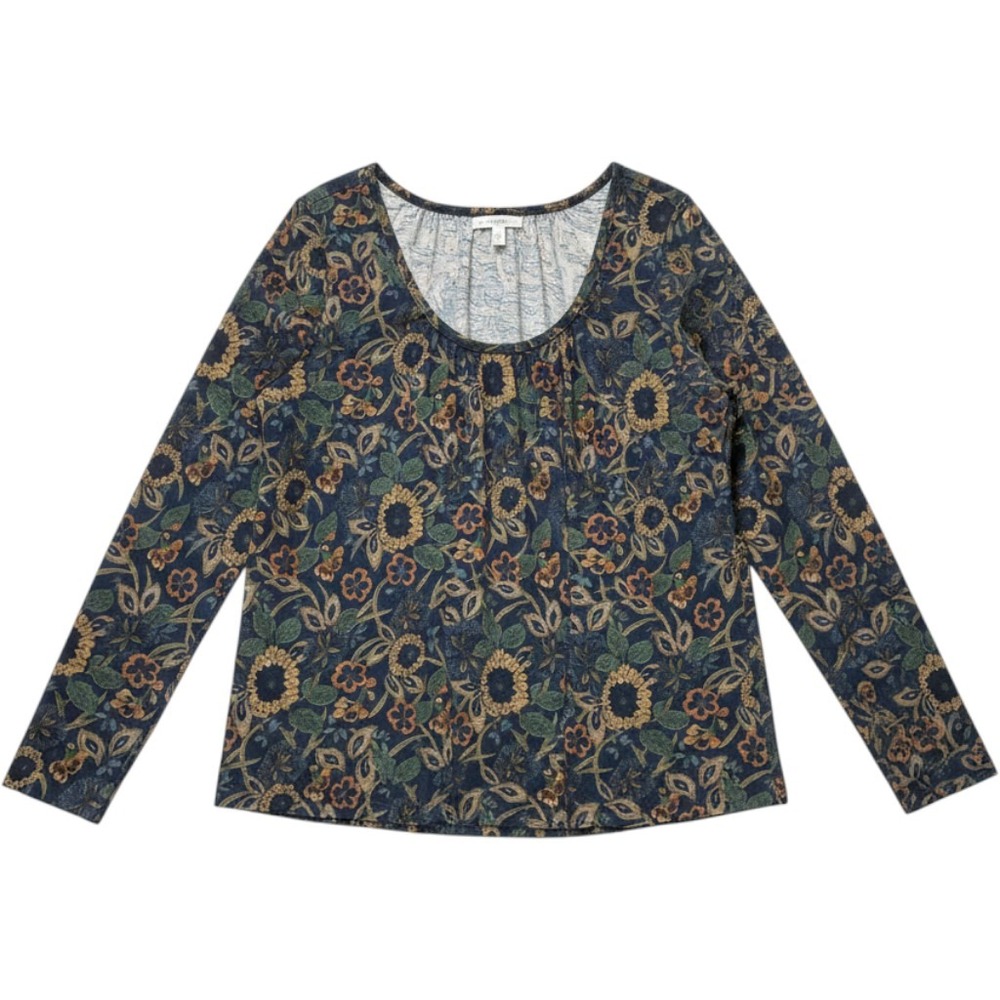 Natural Life IRIS XL Blue‎ Floral Cotton Long Sleeve Scoop Neck Blouse Top